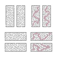 A set of rectangular mazes. Game for kids. Puzzle for children. One entrances, one exit. Labyrinth conundrum. Flat vector illustration isolated on white background. With answer.