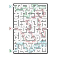 Abstract rectangular large maze. Game for kids. Puzzle for children. Three entrances, one exit. Labyrinth conundrum. Flat vector illustration isolated on white background. With answer.