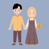 Cute muslim couple illustration in yellow outfit vector