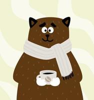 lindo oso o gato con una taza de café o té en una bufanda. vector