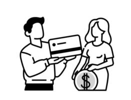 icono de contorno de hombre y mujer con tarjeta de crédito y moneda vector