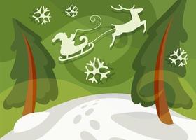 Santa Claus flying in sleigh over the spruces. vector