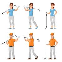 golfistas masculinos y femeninos en diferentes poses. vector