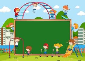 Playground scene with empty board and kids doodle cartoon character vector