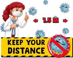 Keep your distance font design with a female wearing medical mask vector