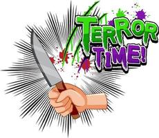 Diseño de texto de tiempo de terror con cuchillo en una mano. vector