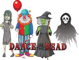 danza del diseño de texto muerto con personajes fantasmas de halloween vector