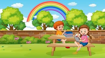 Kids leaning online with tablet in the park vector