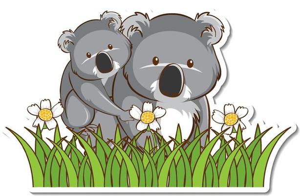 Koala mom and baby standing in grass field sticker