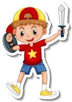 Sticker template with a boy holding sword toy isolated vector