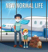 New Normal Life with happy family ready to travel at the airport vector