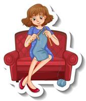 A sticker template with a woman knitting and sitting on sofa vector