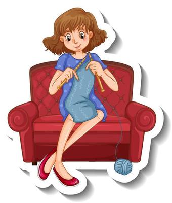 A sticker template with a woman knitting and sitting on sofa