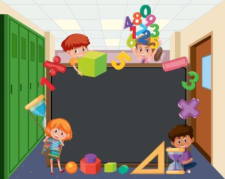 Empty blackboard with school kids and math objects vector