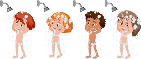 Set of different kids cartoon character take a shower vector