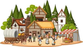 Medieval village with villagers on white background vector