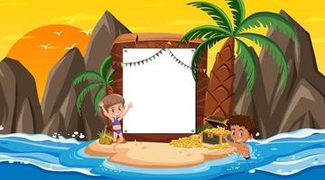 Plantilla de banner vacío con niños de vacaciones en la escena del atardecer en la playa vector