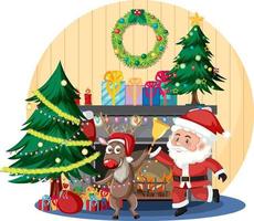 santa claus con renos en habitación decorada vector