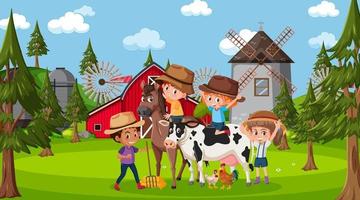 Farm scene with many kids and farm animals vector