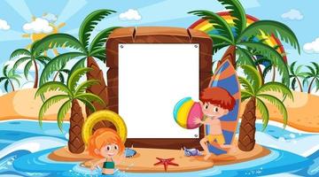 Empty banner template with kids on vacation at the beach daytime scene vector