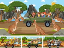 Diferentes escenas de safari con animales y personajes de dibujos animados para niños. vector