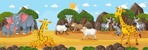 Forest panorama at daytime scene with various wild animals vector