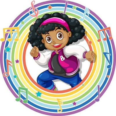 Girl in rainbow round frame with melody symbols