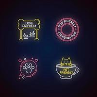 Cat and dog friendly areas emblems neon light icons set vector