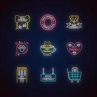 Pet friendly emblems neon light icons set vector