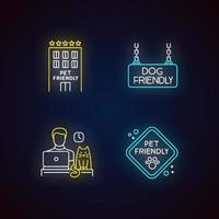 Pet friendly companies neon light icons set vector