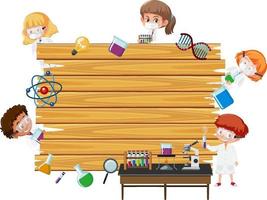 Empty wooden board with scientist kids cartoon character vector