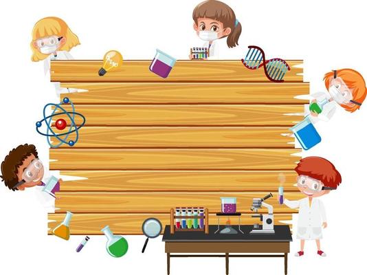 Empty wooden board with scientist kids cartoon character