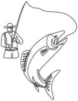 Fly Fisherman Catching Jumping Lake Trout Continuous Line Drawing vector