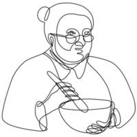 Granny Cook Mixing with Mortar and Pestle Continuous Line Drawing vector