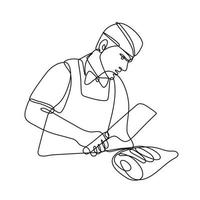 Butcher with Meat Cleaver Cutting Leg of Ham Continuous Line Drawing vector