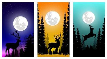 imagen vectorial de la ilustración de la escena nocturna con luna llena y ciervos vector