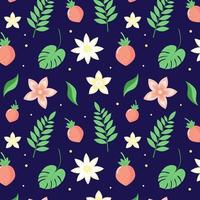 Seamless pattern with strawberries, leaves and flowers vector