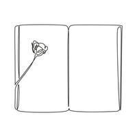 Continuous line drawing of rose flower on piece of opened book vector