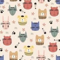 Cute animal face seamless pattern with scandinavian pastel colors vector