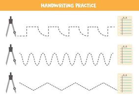 trazar líneas con papel y brújula kawaii. Practica de la escritura. vector