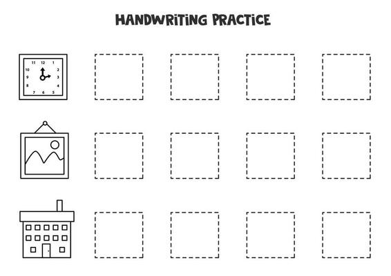 Trace contours of black and white square objects. Writing practice.