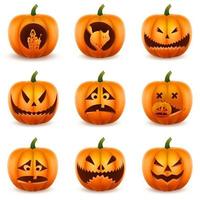 Conjunto de símbolo de calabaza de Halloween. máscaras de miedo talladas con un cuchillo. vector