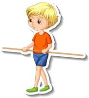 pegatina de personaje de dibujos animados con un niño sosteniendo un palo de madera vector