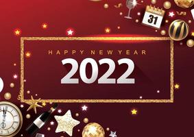 2022 feliz año nuevo arco dorado metálico 3d con estrellas de marco navideño vector
