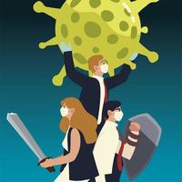 covid 19 virus protection businesspeople with sword and shield vector