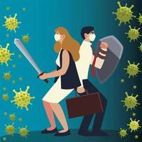 covid 19 virus businesswoman and businessman with sword shield vector
