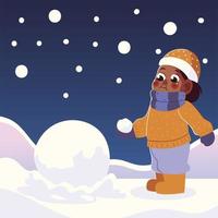 personaje divertido niño en invierno con sombrero y bola de nieve vector