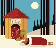 merry christmas turtle in house and sleeping dog in the snow scene vector