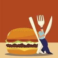 man with cutlery and fast food burger design vector