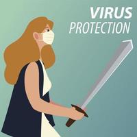 covid 19 virus protection and woman with mask and sword vector design